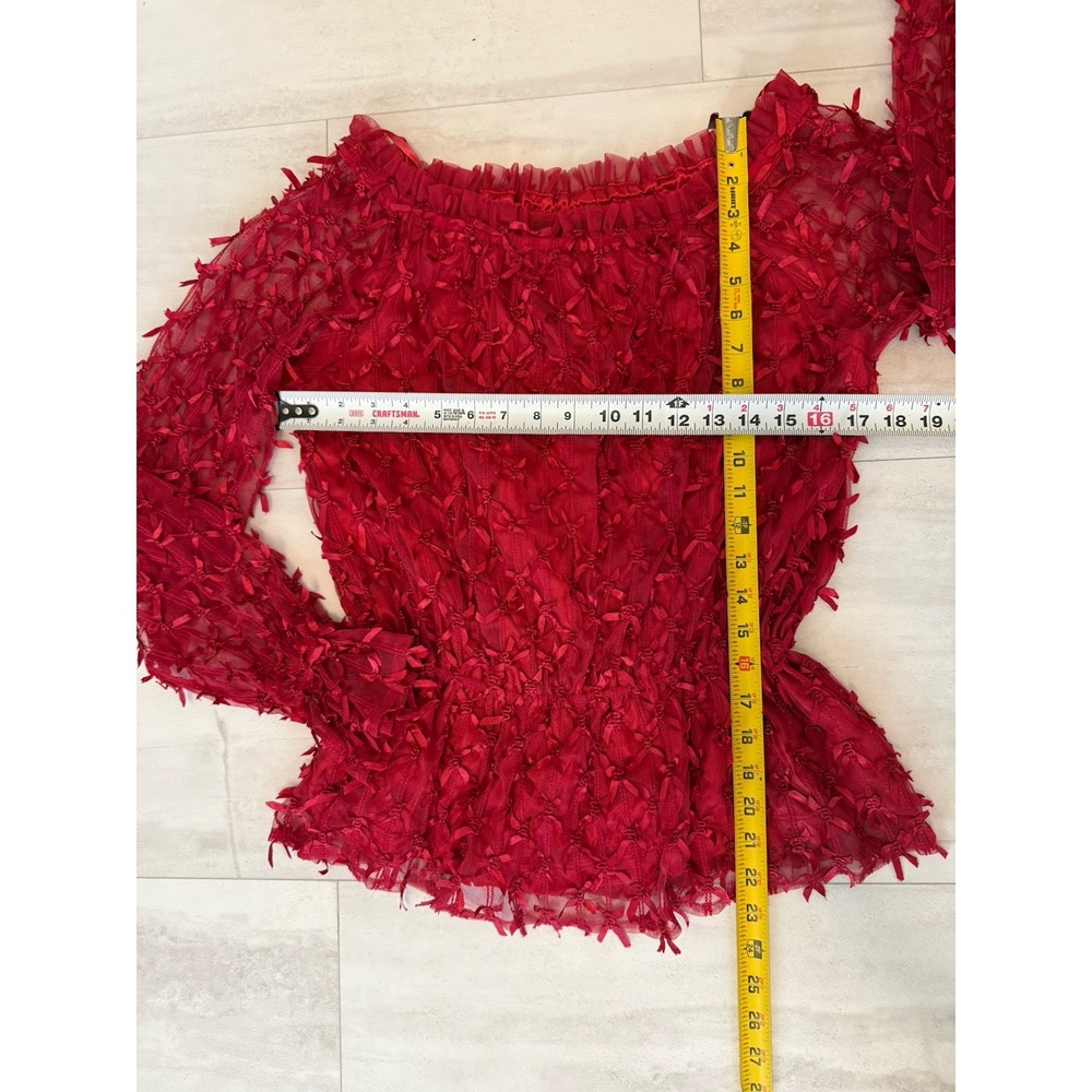 Vintage Debbie Shuchat Medium Blouse Red Textured Long Sleeve Elastic Waist NWT - Picture 7 of 9